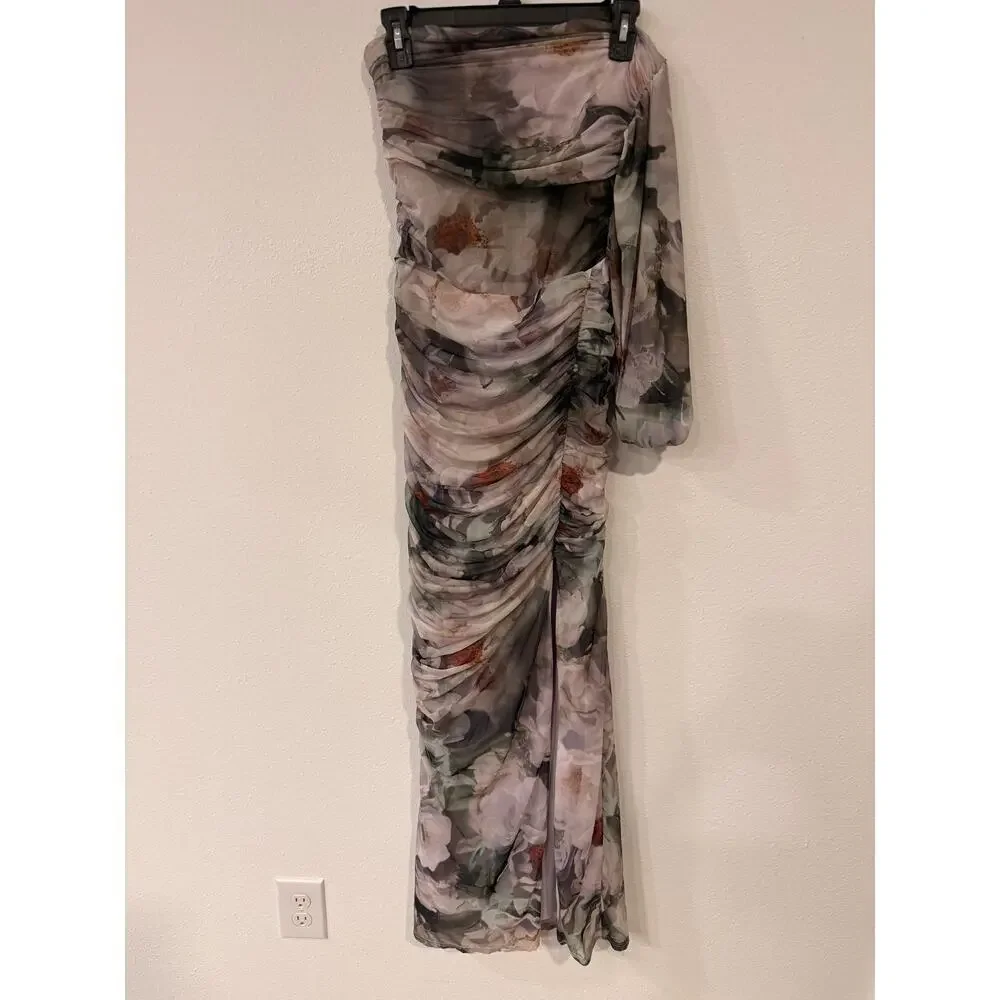 A&F Floral Mesh Asymmetrical Off-Shoulder Draped Maxi Dress S